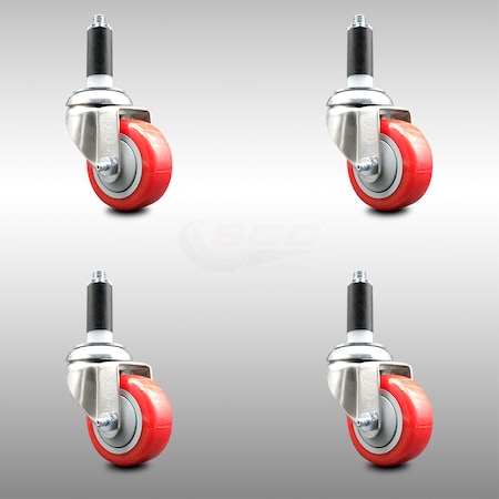 Service Caster 3 Inch 316SS Red Polyurethane Swivel 1 Inch Expanding Stem Caster Set SCC SCC-SS316EX20S314-PPUB-RED-1-4